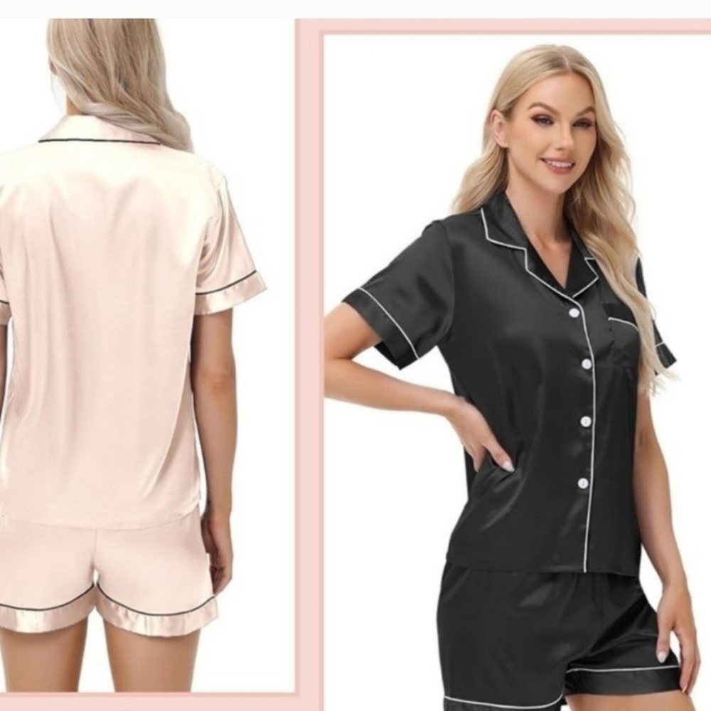 Women's Black Satin Short Sleeve And Shorts Pajama Set Size Small - Picture 2 of 3